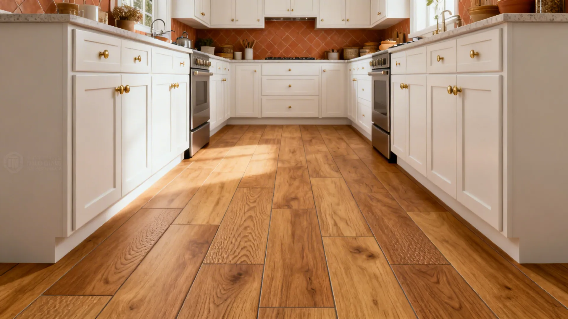 Small kitchen with honey oak wood-look porcelain planks staggered at one-third offset.