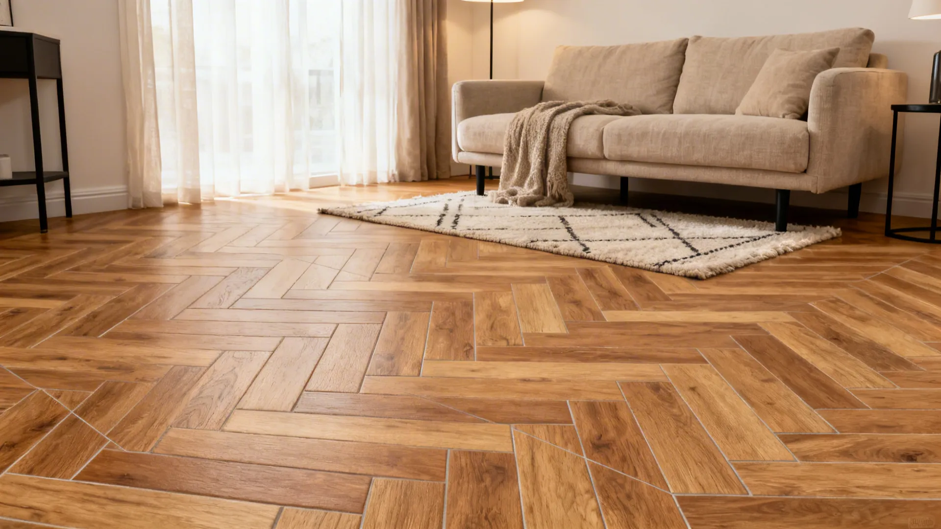 Living room interior with wood pattern floor tiles plus beige sofa and a small white rug