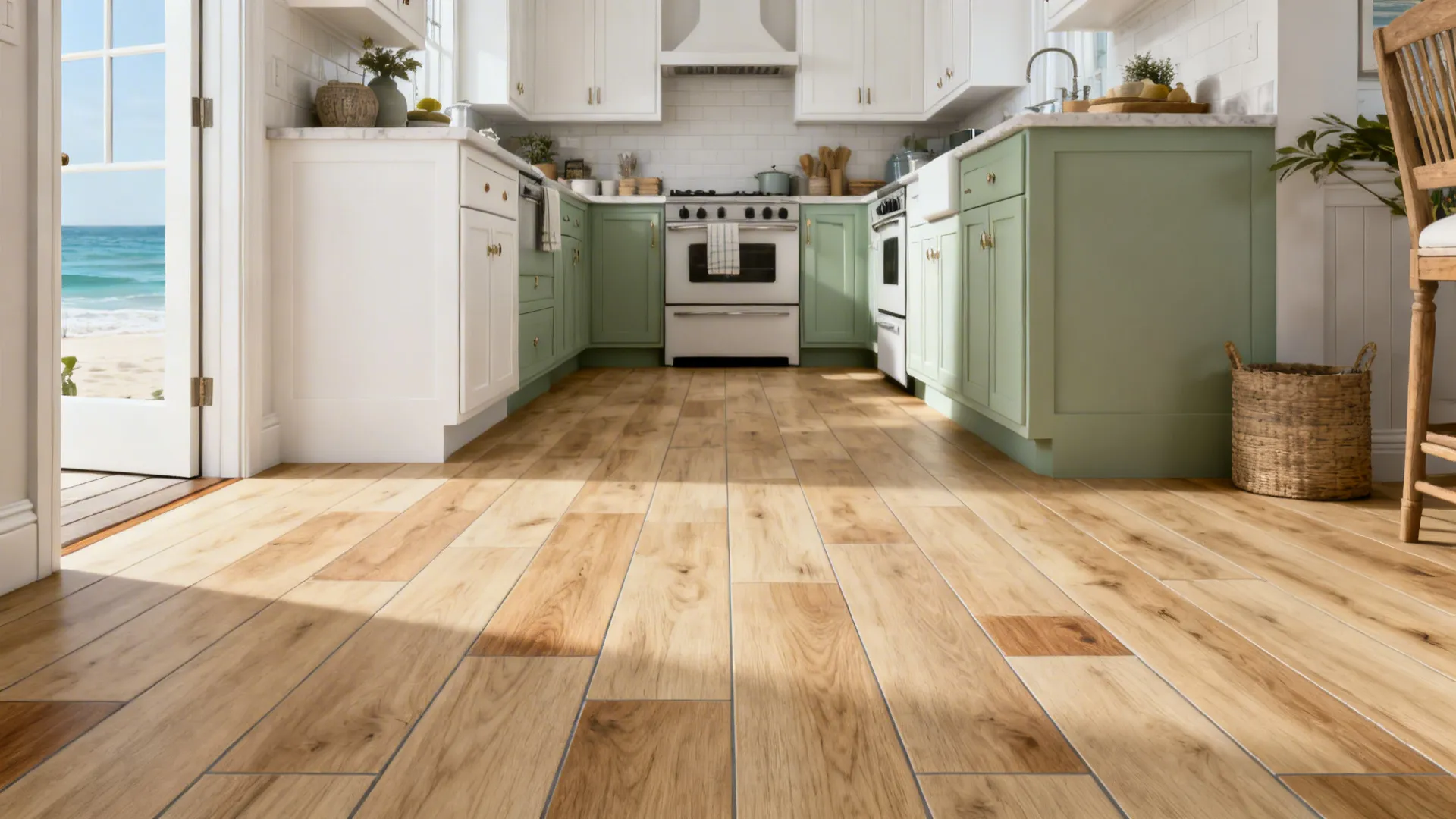 Coastal kitchen with warm wood-look porcelain planks laid at a 1/3 offset for natural flow.