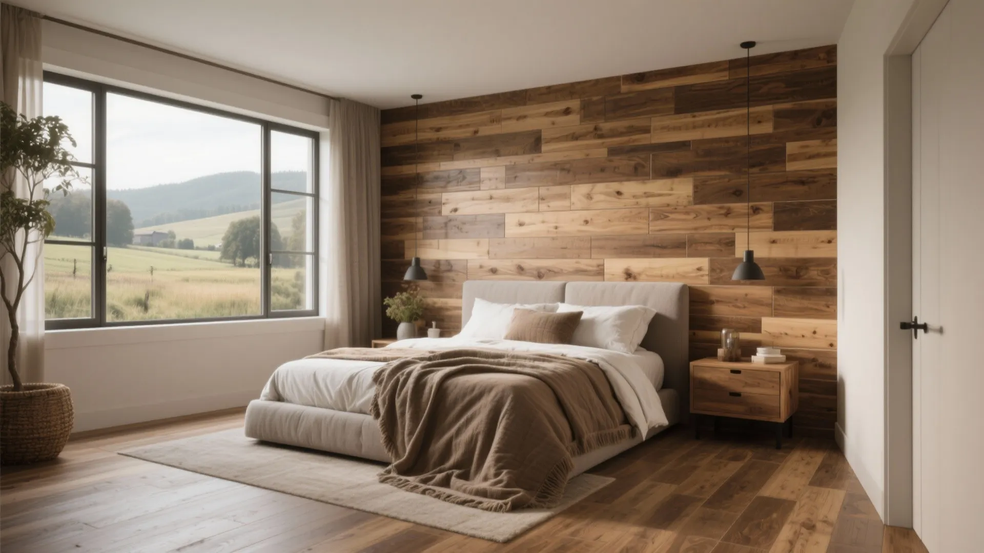 Cozy bedroom with a wood wall panel behind the bed and scenic views through windows