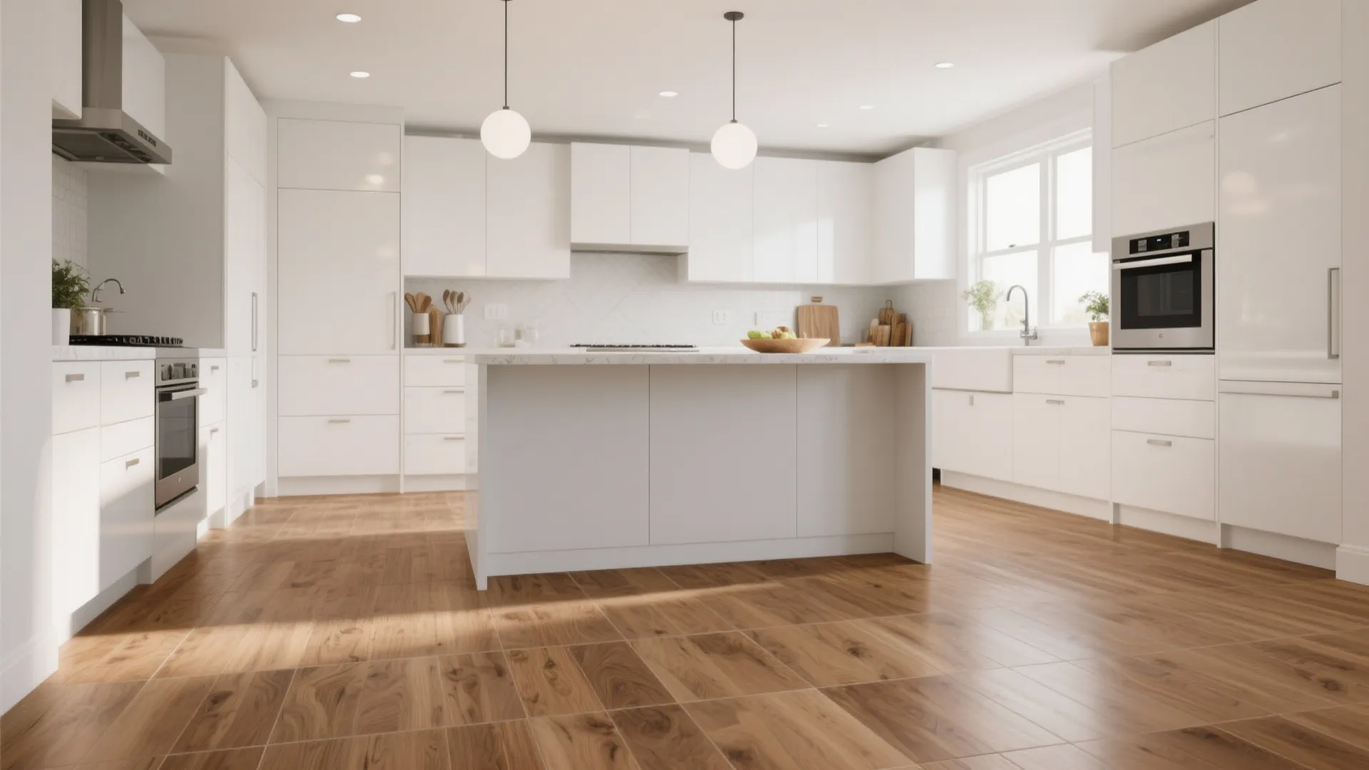 Modern white kitchen with wood look tile floor and large island under minimalist ceiling light