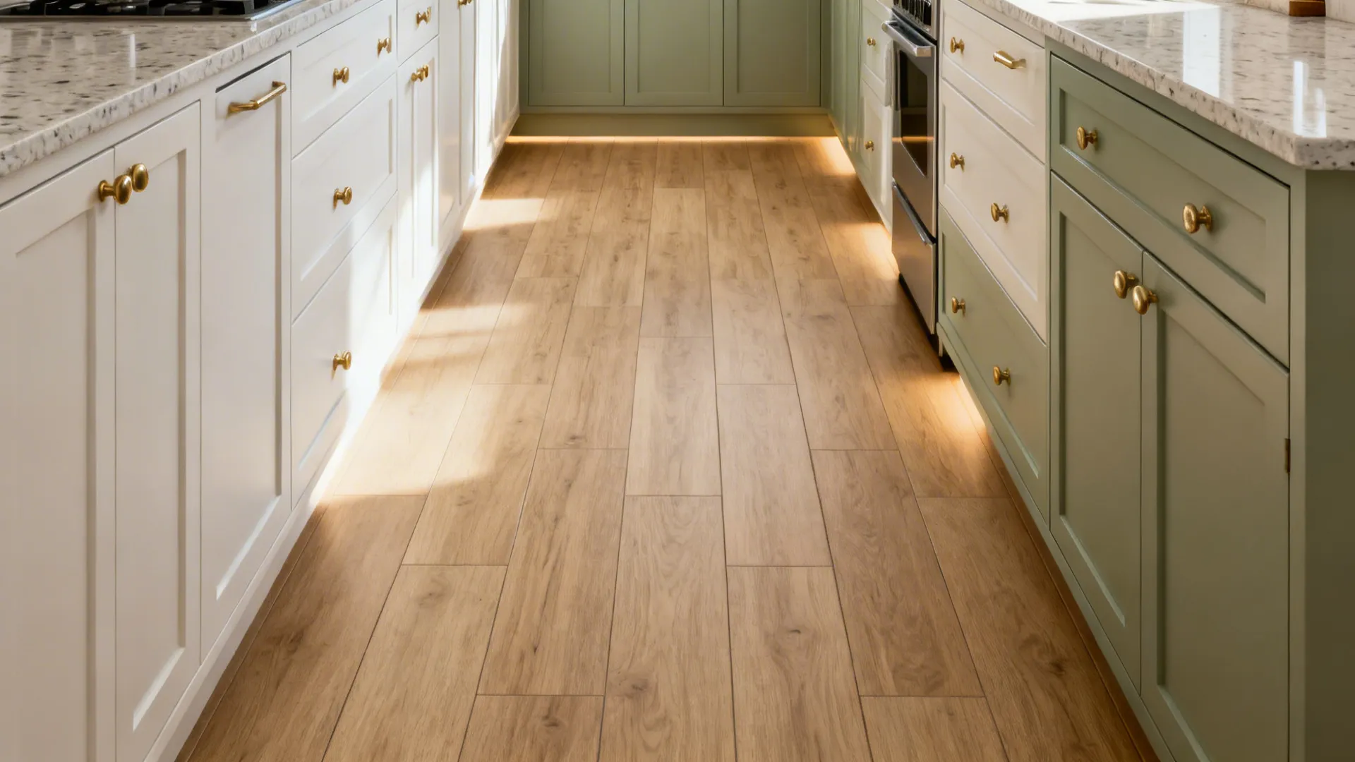 Light oak-look porcelain plank tiles lengthening a small galley kitchen.