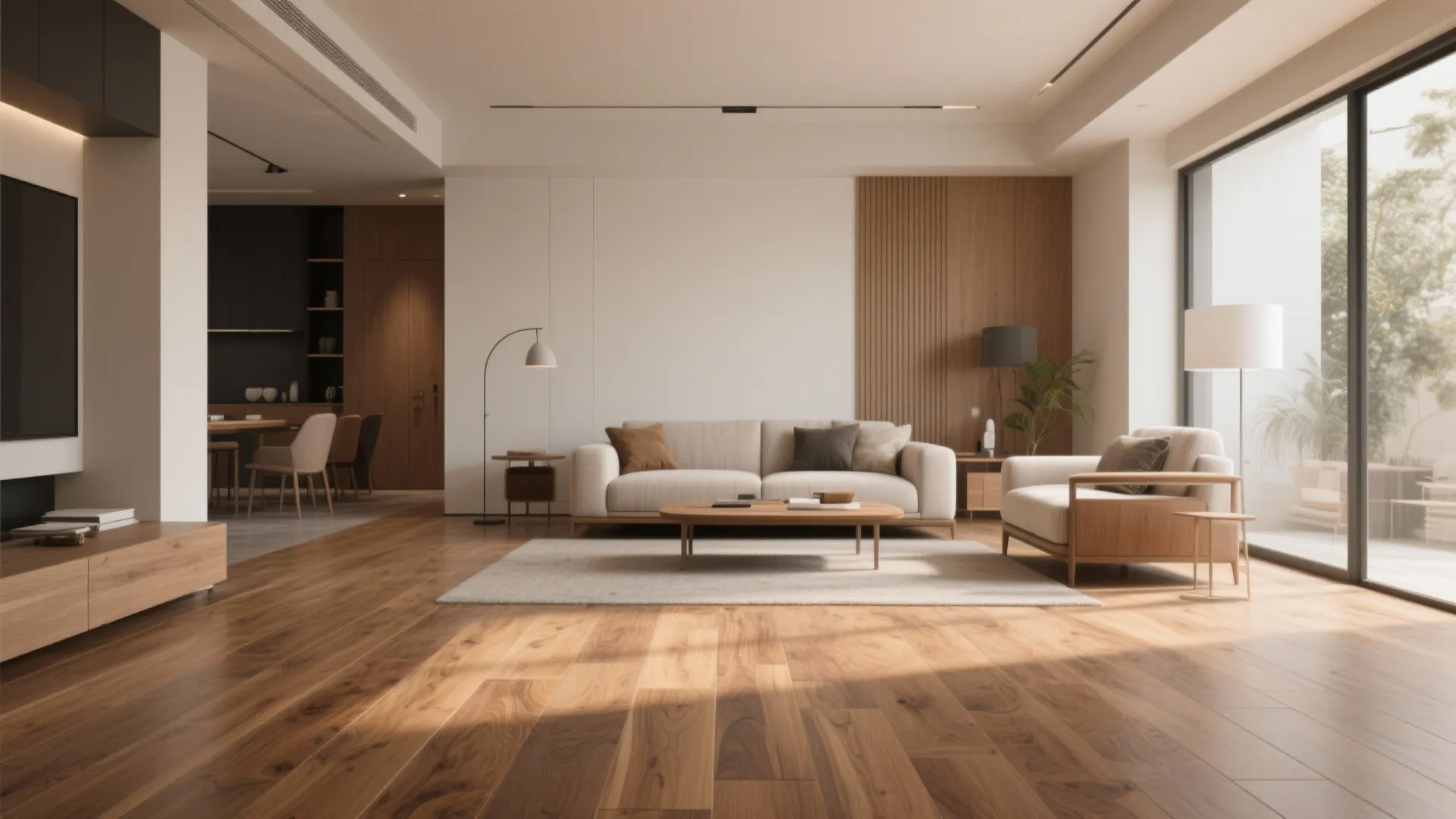 Minimalist living room with wooden floor, beige sofa, wall panel, floor lamp, and sliding doors