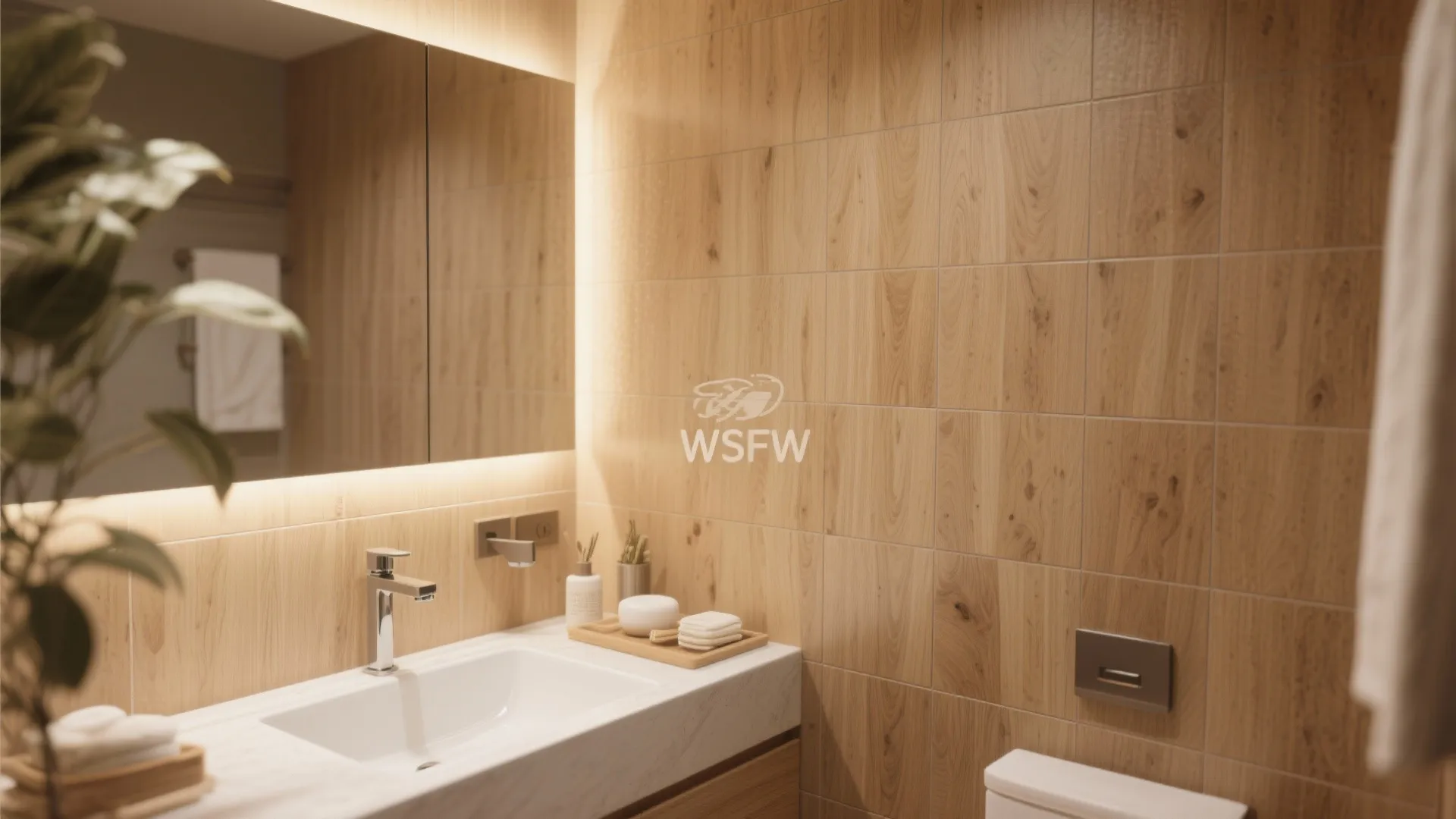 Bathroom interior design with wood look wall tiles white sink mirror and warm yellow ambient lighting
