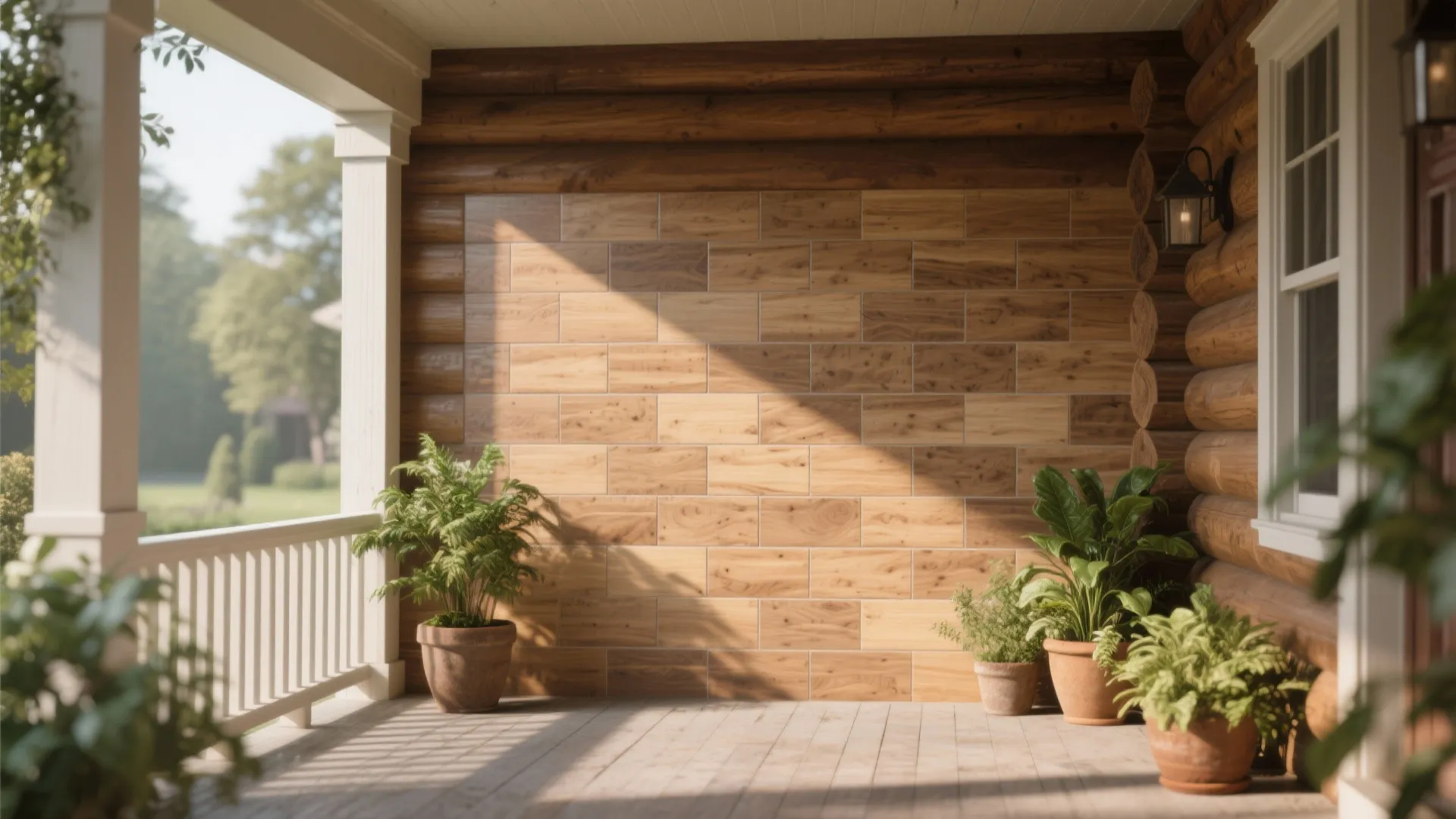 Cozy wooden porch with light brown wall panels, green potted plants, white railing, and sunlight