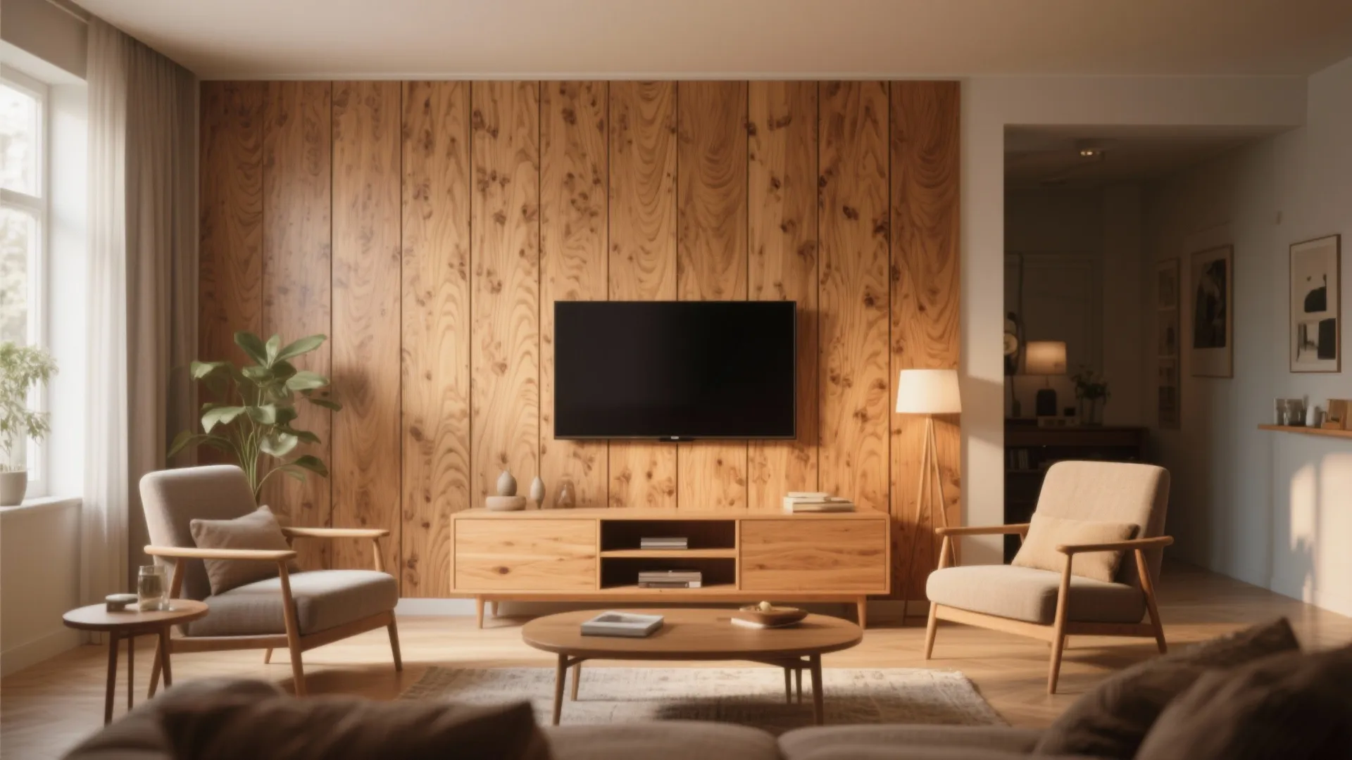 Living room with warm textured wood-look PVC wall panels