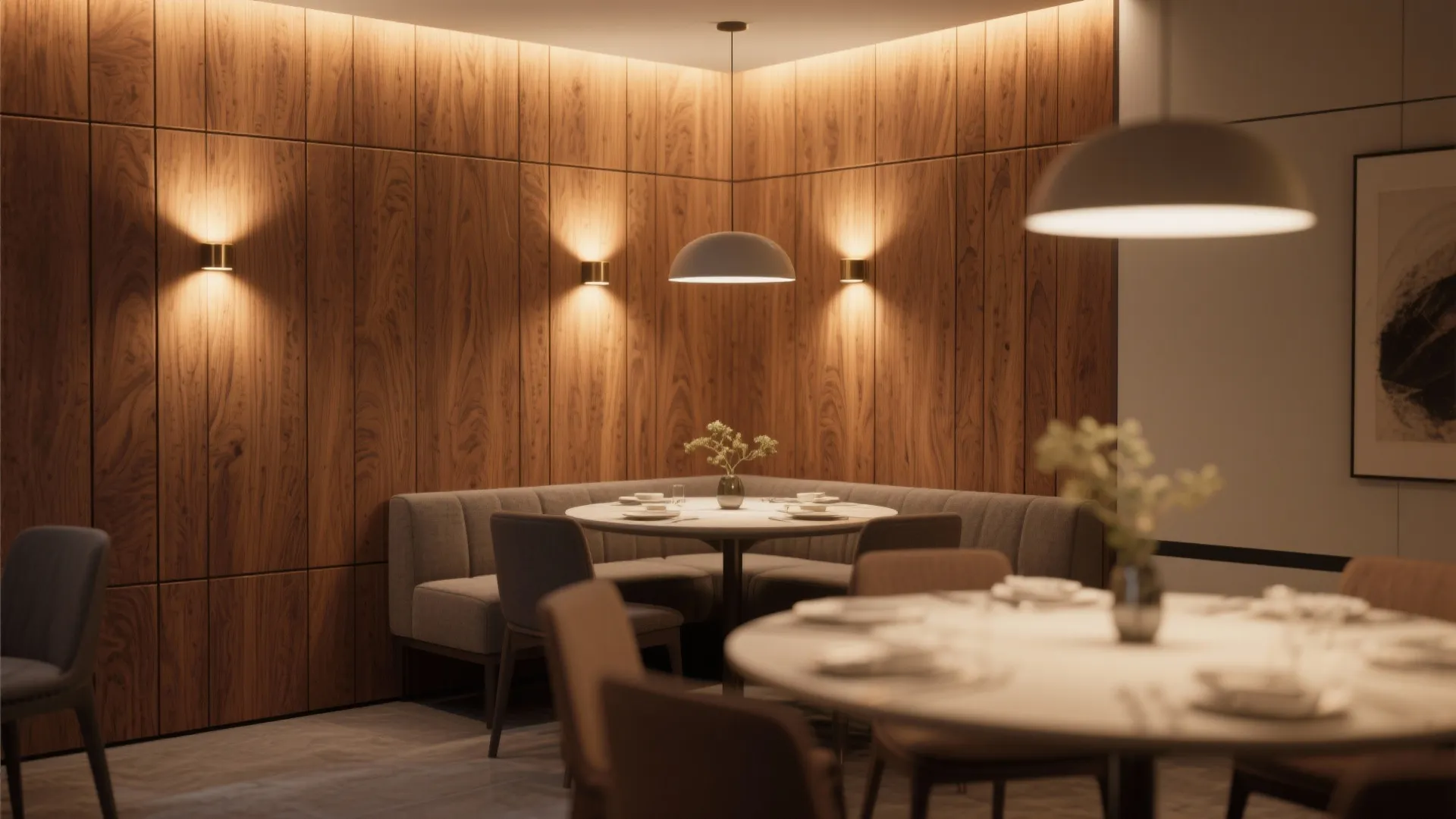 Cozy dining room featuring wood wall panel, grey booth, round table, and warm light fixtures
