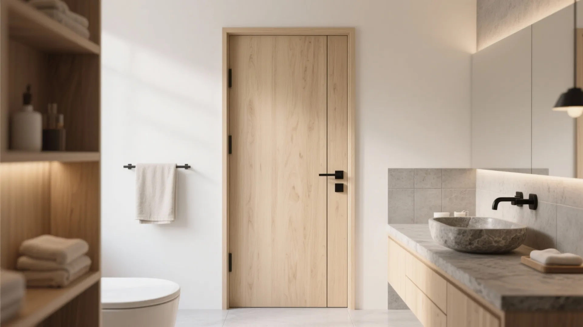 Light wood bathroom door with black handle next to stone sink and shelf with white towels