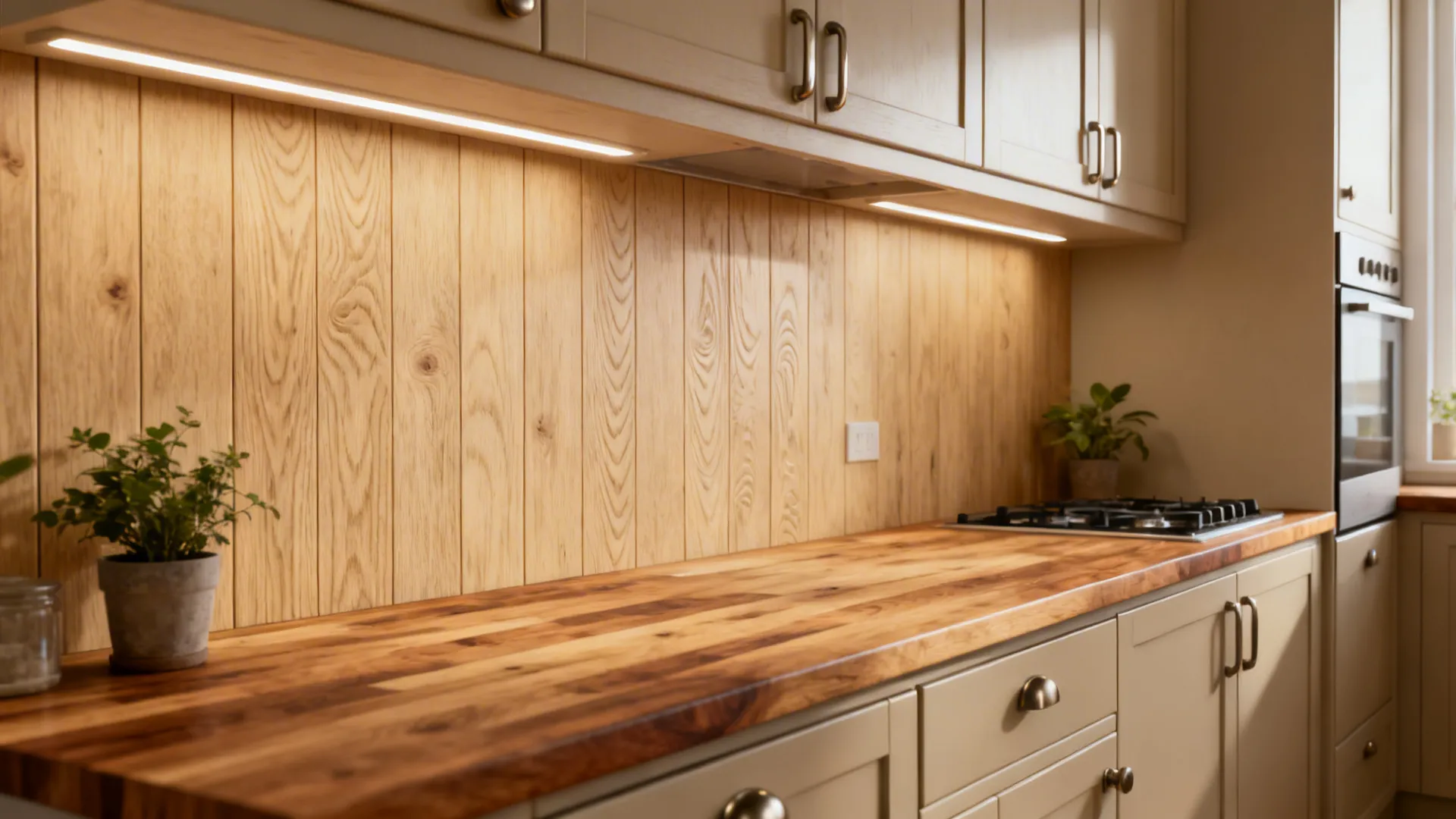 Pale oak wood-look PVC backsplash with subtle grain beside butcherblock counters.