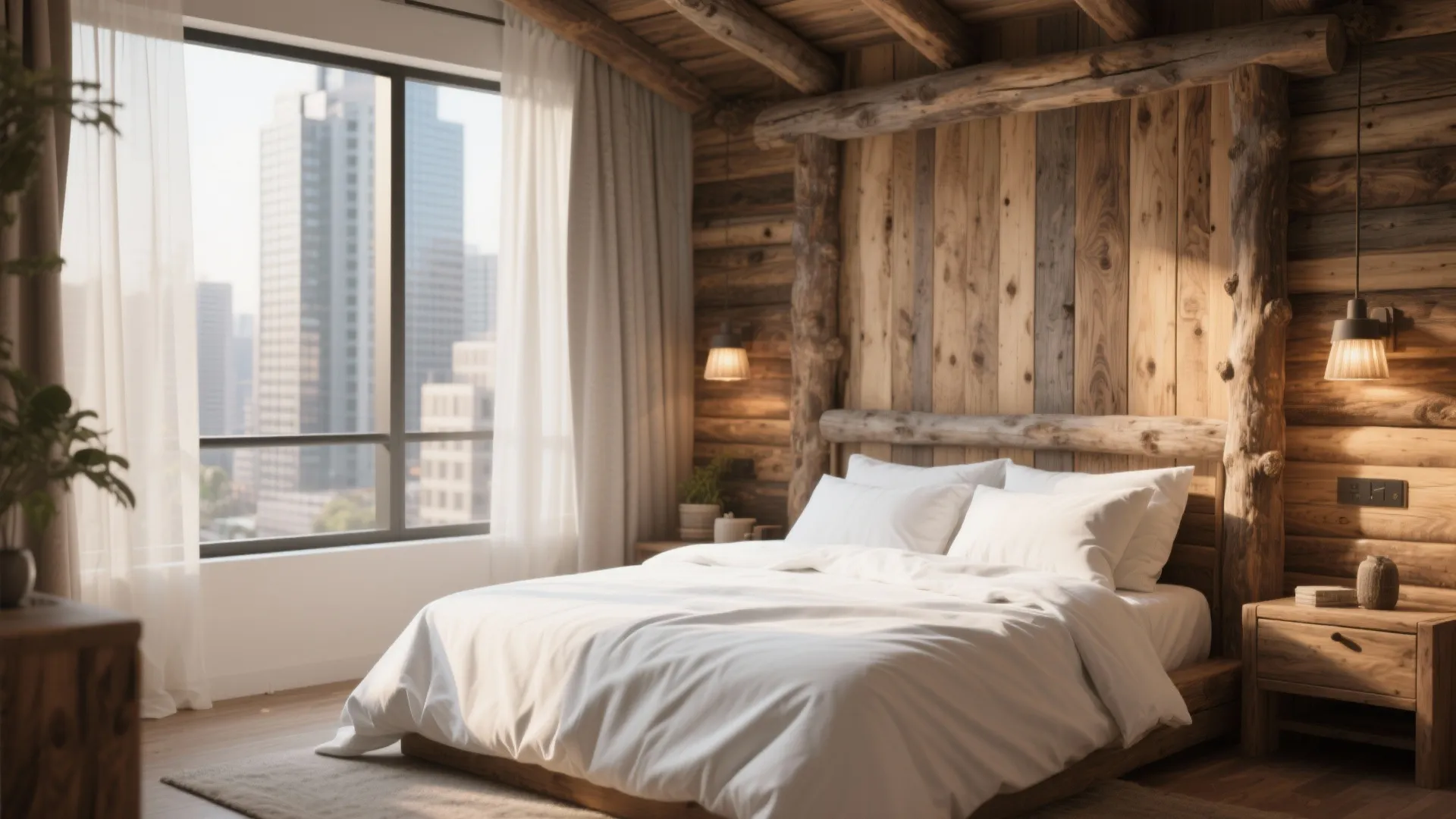 Rustic bedroom with wood wall panel, white bedding, large window with city view and lamp