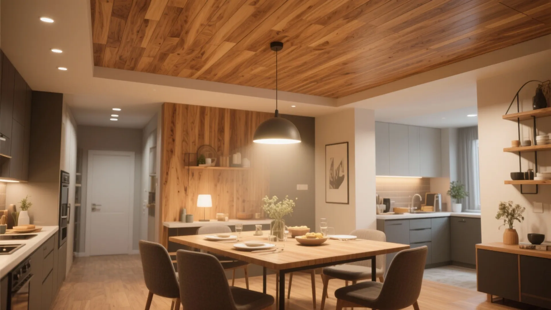 Modern dining area with wooden ceiling panels black hanging light fixture and gray dining chairs