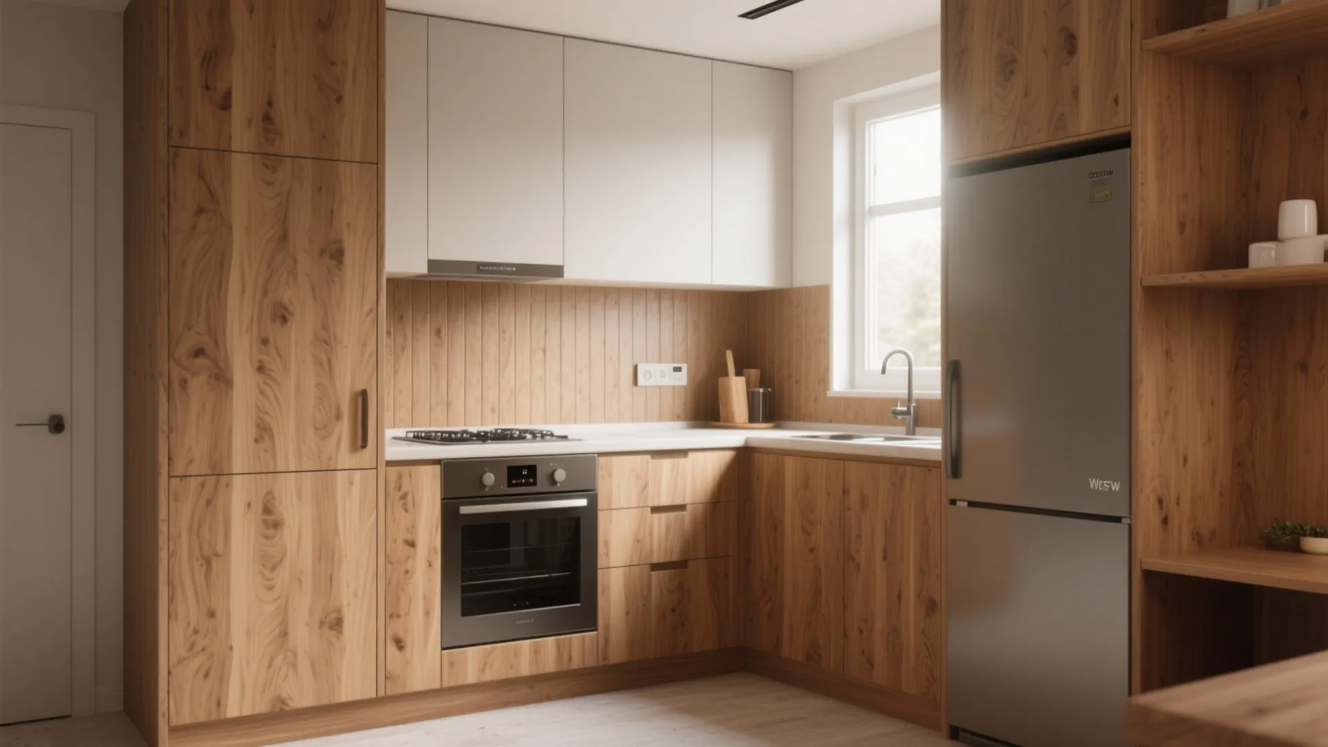 Modern wooden kitchen design with light wood cabinets white upper cupboards black oven and grey fridge