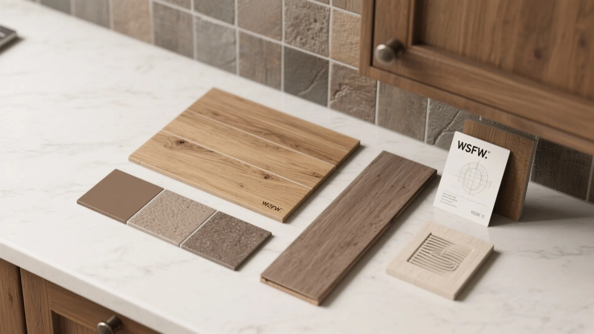 Top-down flatlay of wood-look porcelain, sealed veneer samples and grout swatches for a rustic backsplash.