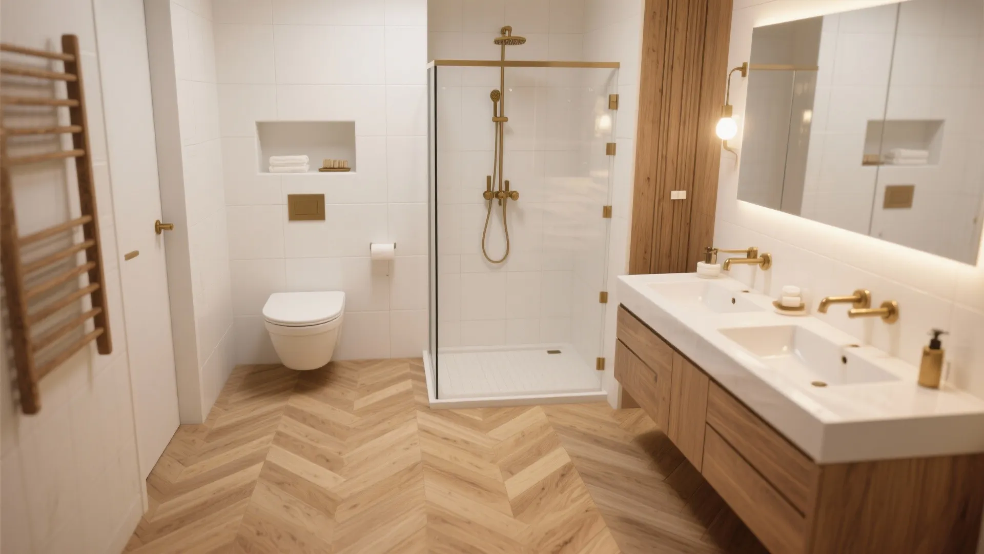 Modern bathroom with herringbone wood floor white wall tiles glass shower and double sink cabinet