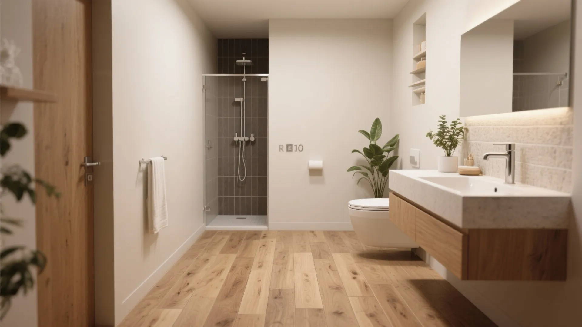Small bathroom with mid-tone wood-look porcelain planks and soft neutral walls.