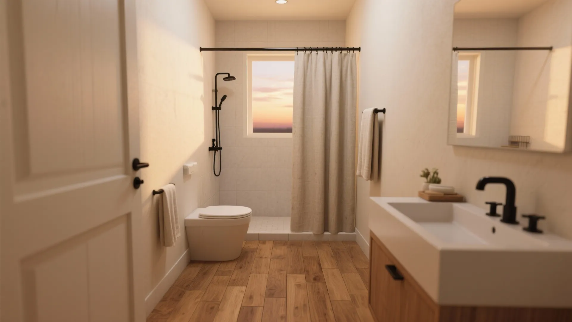 Modern bathroom with wood floor white toilet shower curtain sink cabinet and window at sunset