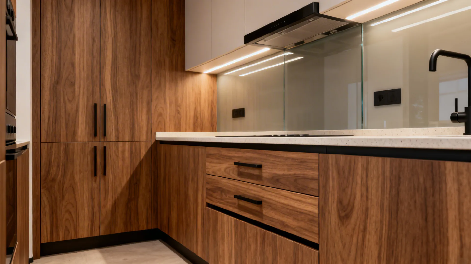 Compact kitchen with walnut-look sunmica cabinets showing realistic EIR grain under warm lighting.