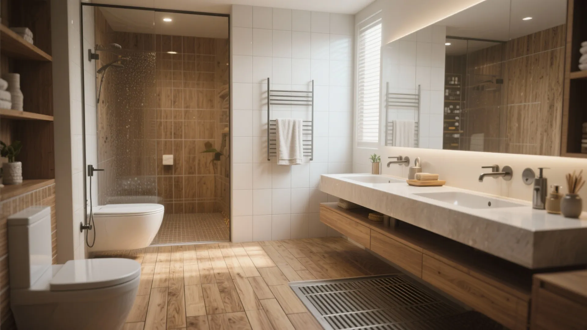 Spacious bathroom with wood floor double sink marble counter glass shower and white wall tiles