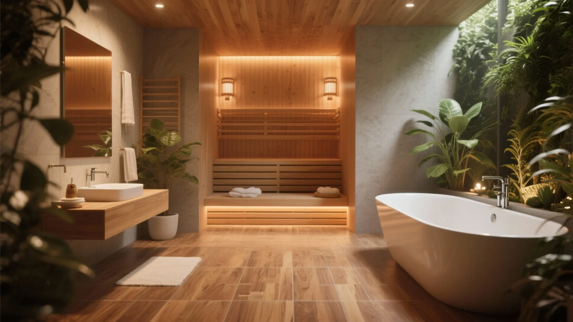 Luxury bathroom with wood floor tiles featuring a large bathtub sauna room and green plants