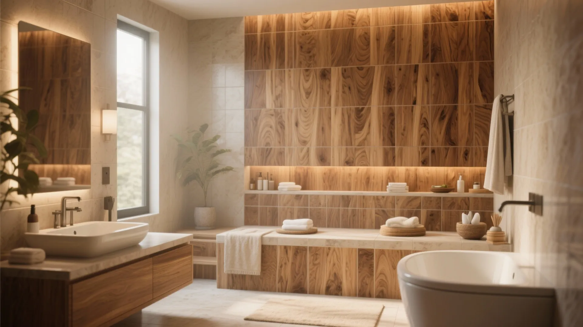 5. Warm Wood-Look Porcelain Tiles
