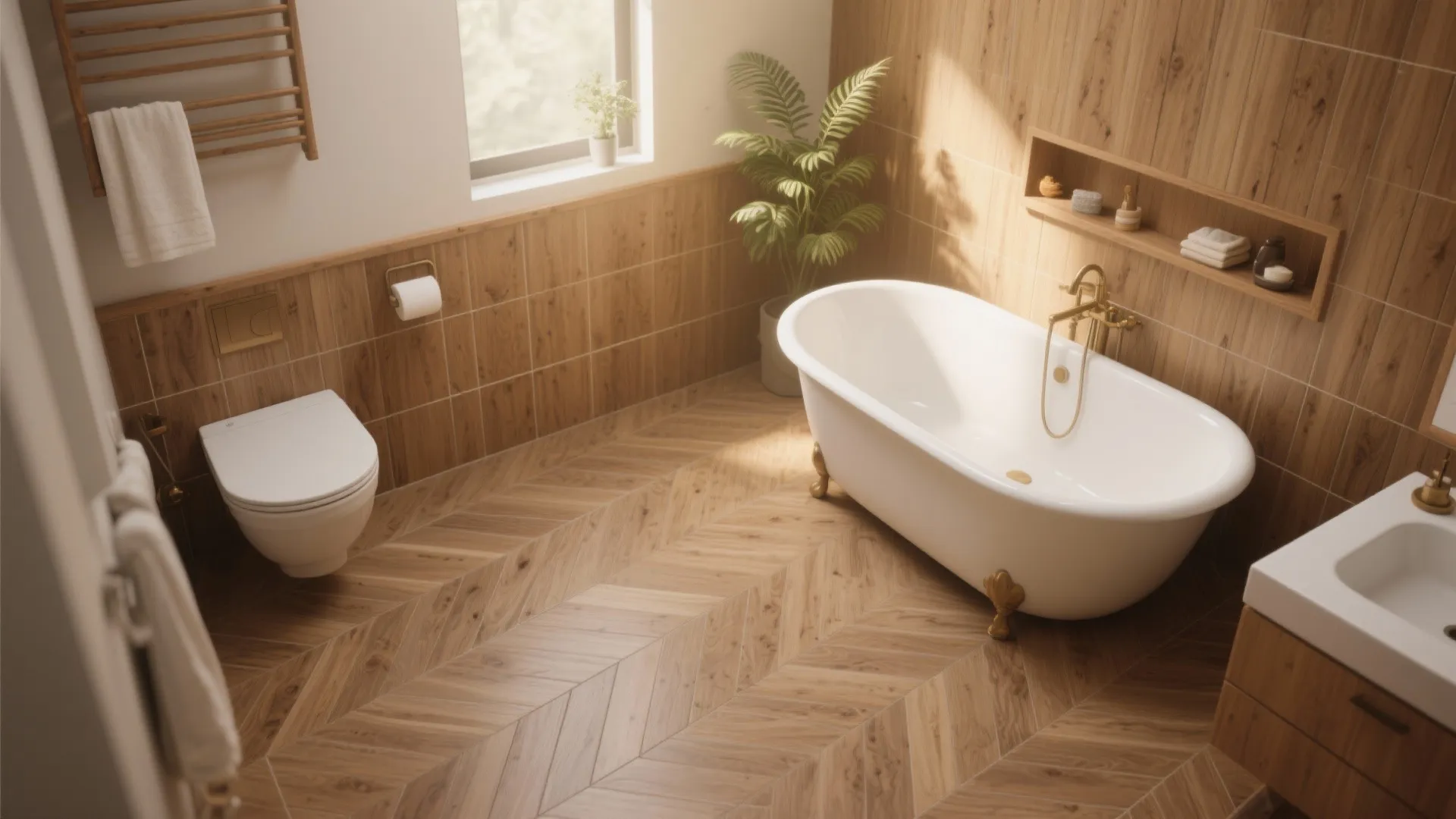 Warm bathroom interior with wood floor tiles white bathtub toilet wooden wall panels and gold fixtures