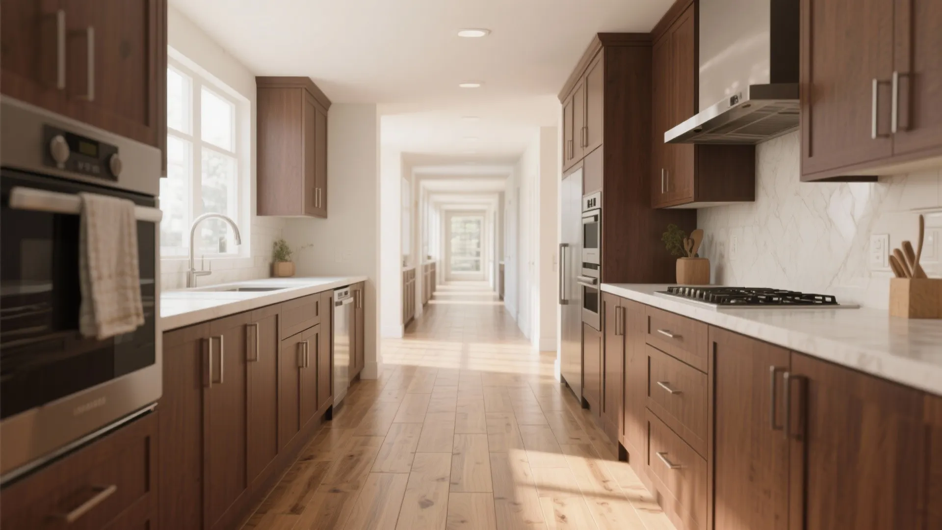 Long narrow kitchen layout with wood look floor tiles dark brown cabinets and white stone counters