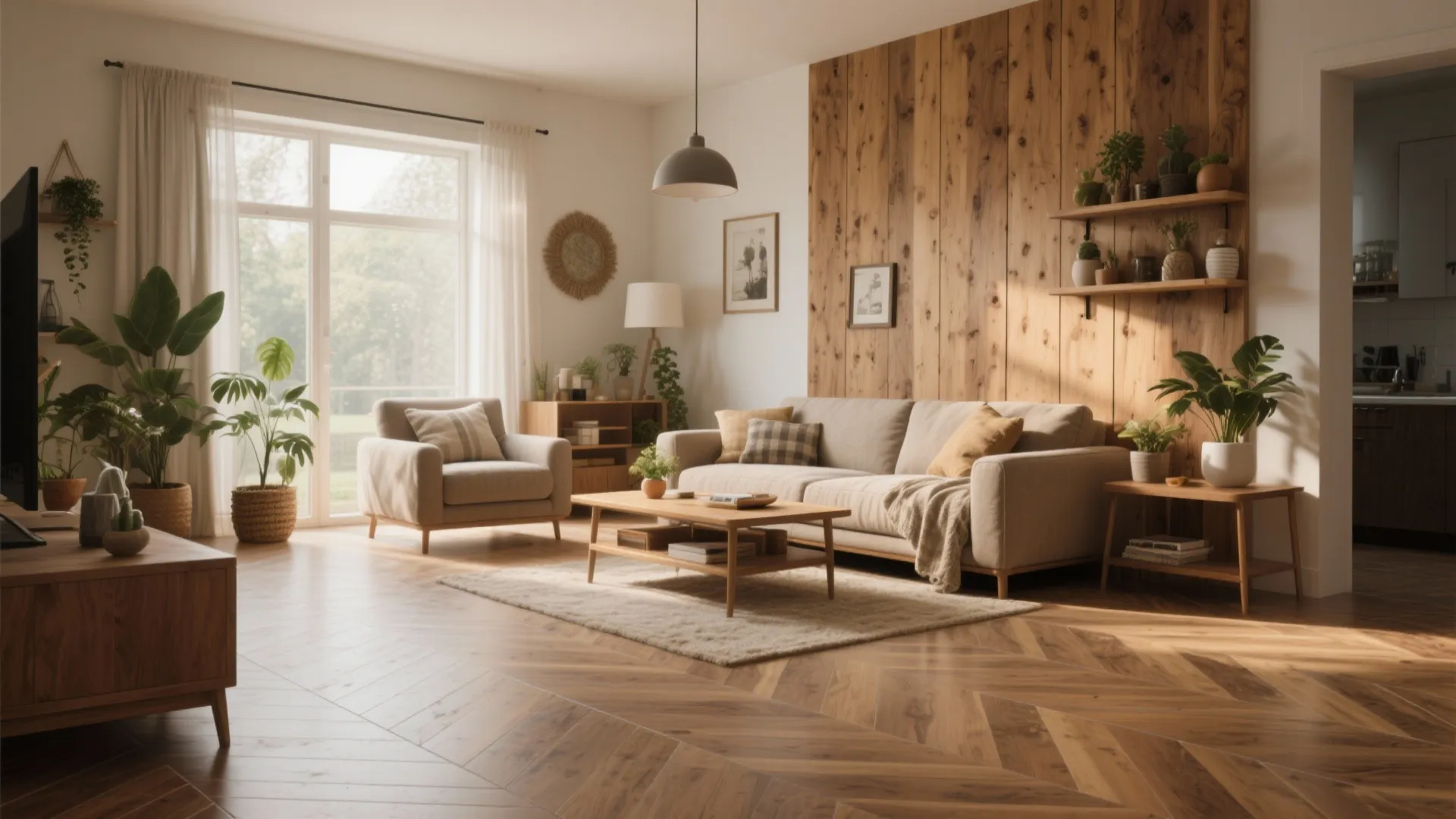 Cozy living room featuring wood wall panel beige sofa wooden coffee table and indoor green plants