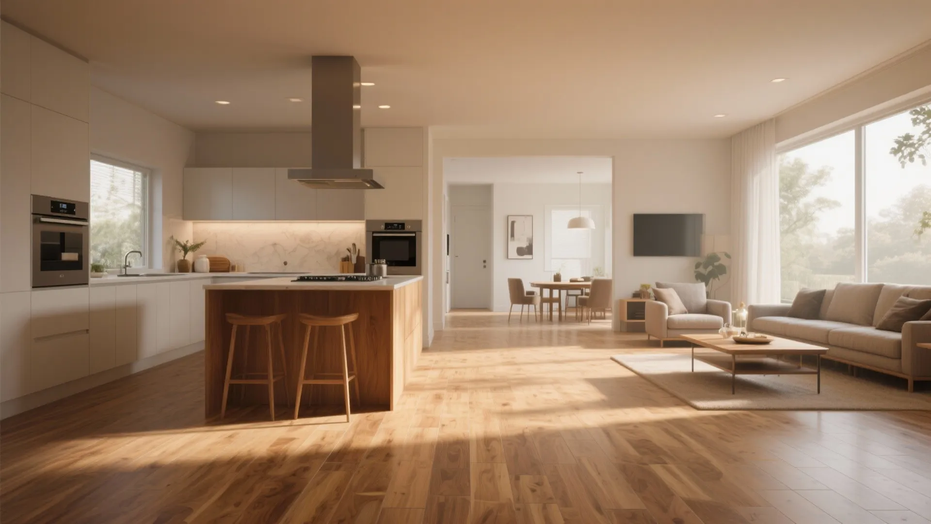 Open plan living room and kitchen featuring wood look floor tiles and warm natural light