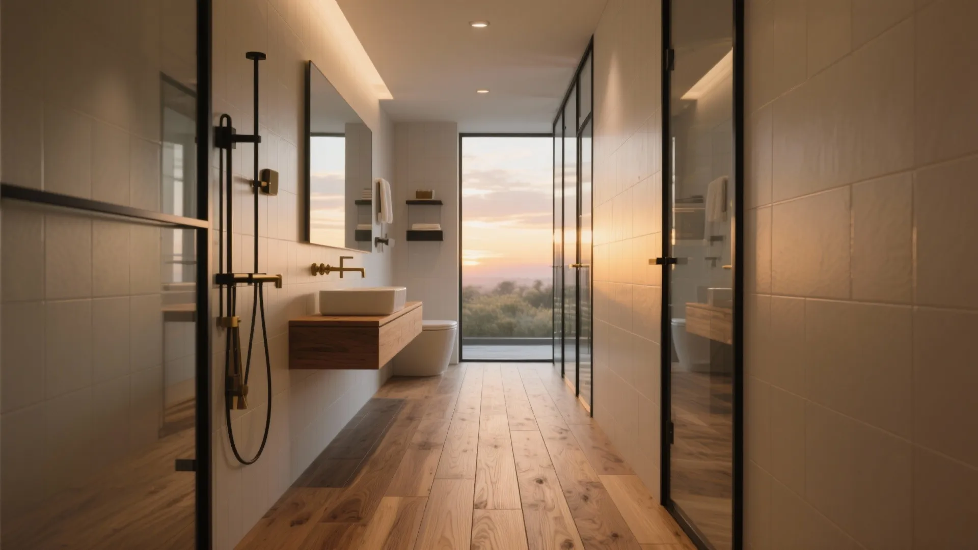 Long bathroom with wood look floor tiles wooden cabinet white sink and large glass window