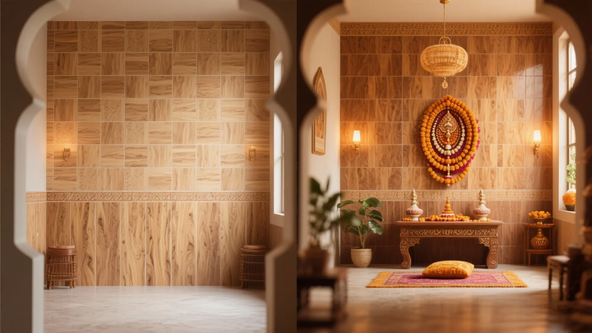 Before and after comparison of an empty room and a decorated prayer room with wood tiles