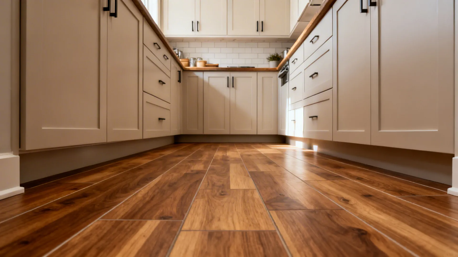 Compact kitchen with matte wood-look porcelain planks on the floor and a short backsplash return.