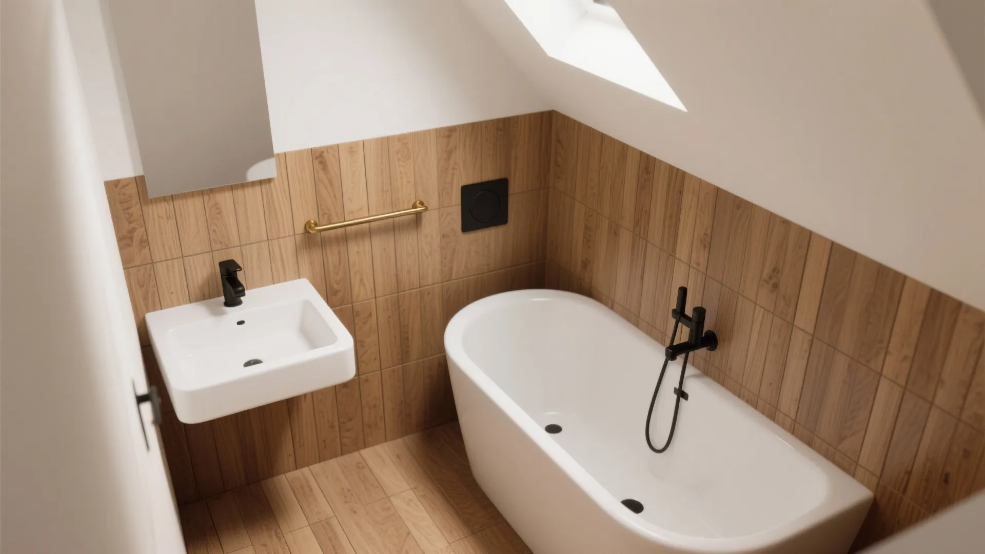 1. Warm wood-look tiles with crisp white sanitaryware