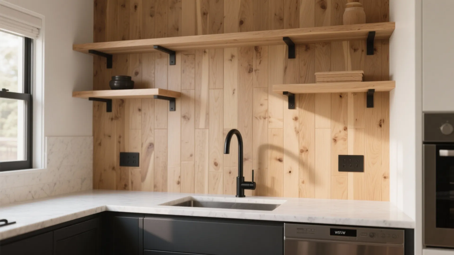Modern kitchen with wood wall panel plus black faucet and marble countertop with open shelves