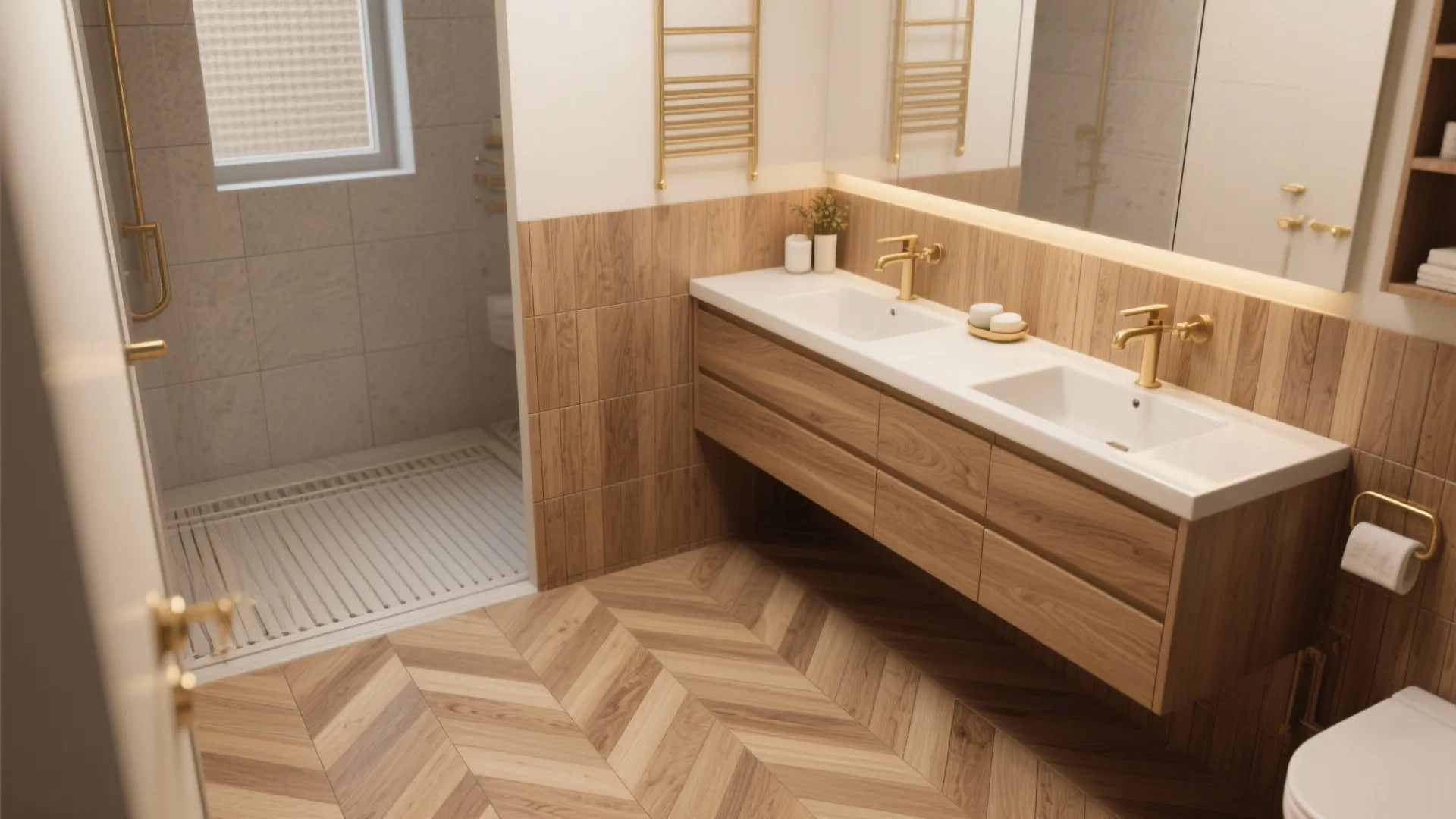 Warmth with Wood-Look Porcelain + Cozy Metals