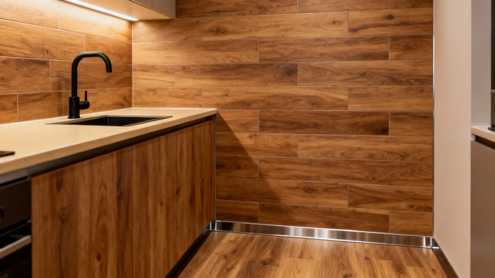 Modern kitchen with wood wall tiles black water tap tan countertop and warm led light