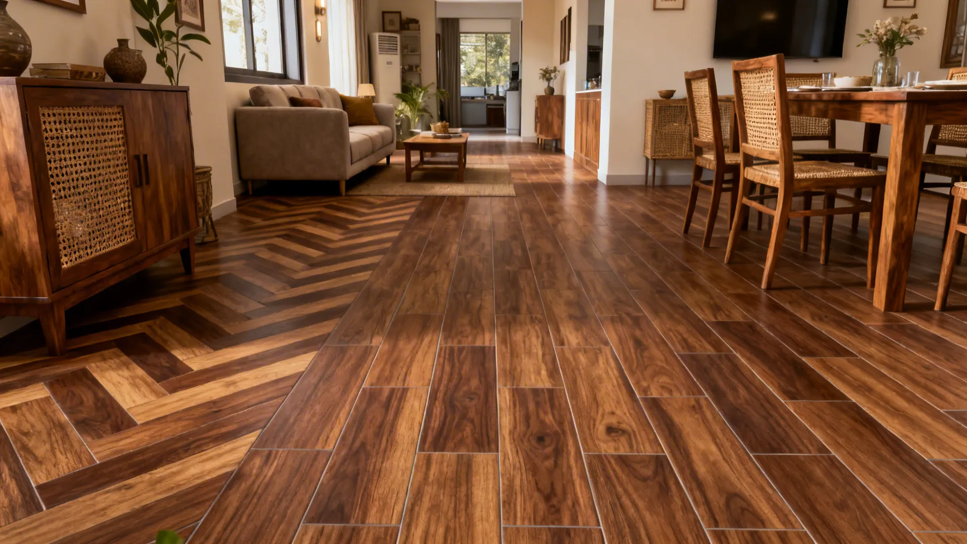 Wood-look porcelain planks in herringbone by the sofa and straight-lay in the dining area.