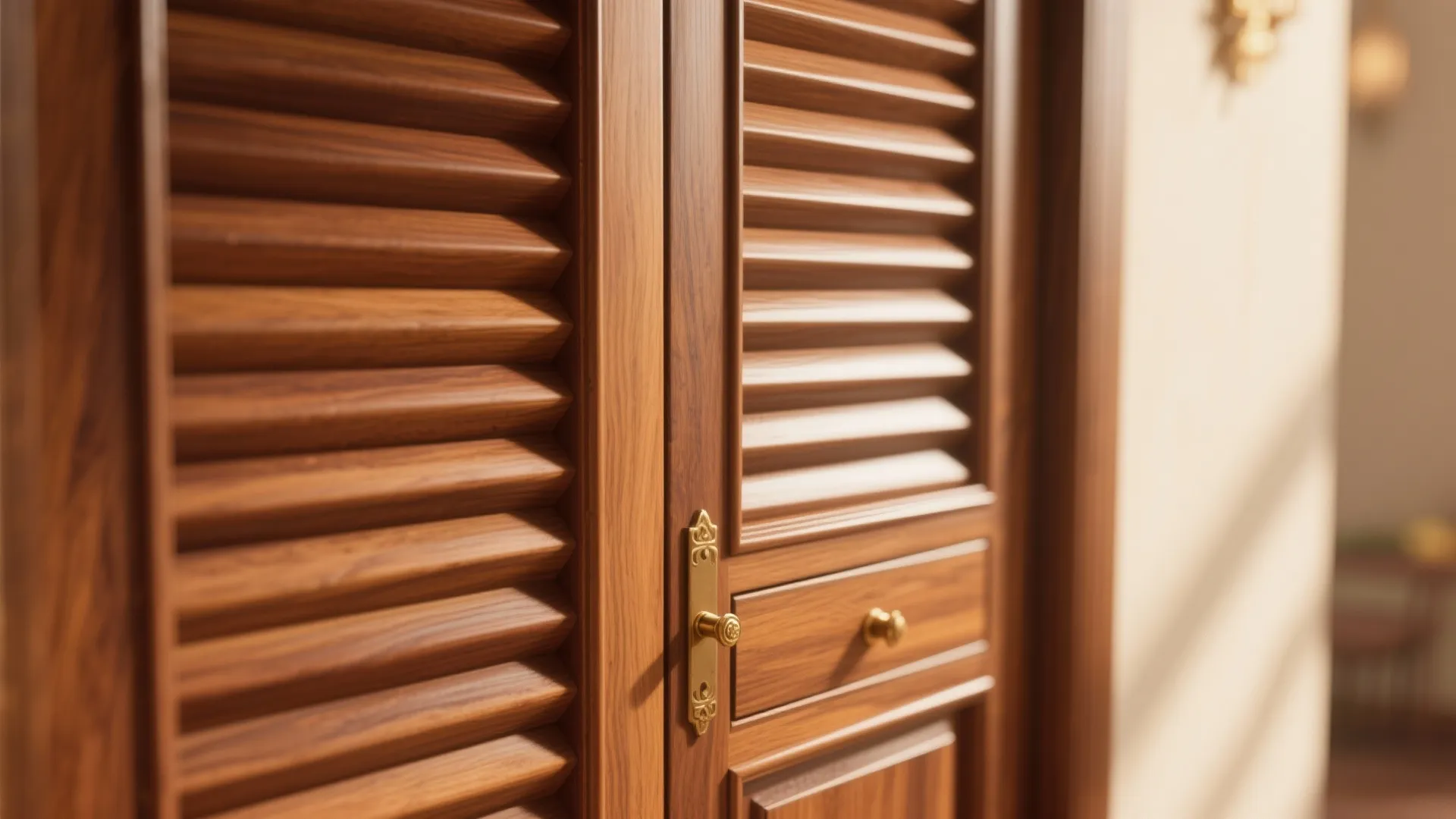 Warm Wooden Doors with Louvers and Hidden Storage