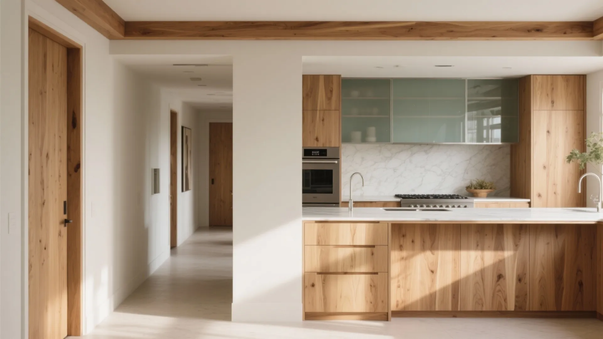 Warm Wood Elements to Soften the Hall