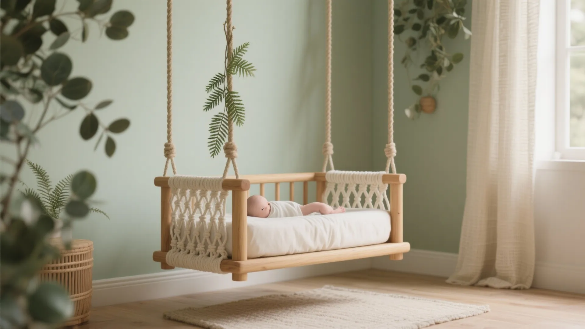 Natural Materials: Wood, Cotton Macramé, and Fresh Greenery