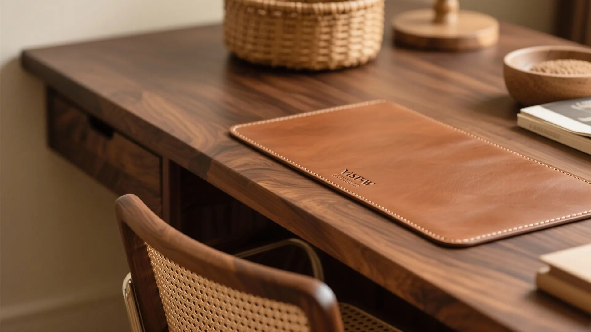 Close up view of a wooden desk with leather mat woven chair basket and small bowl