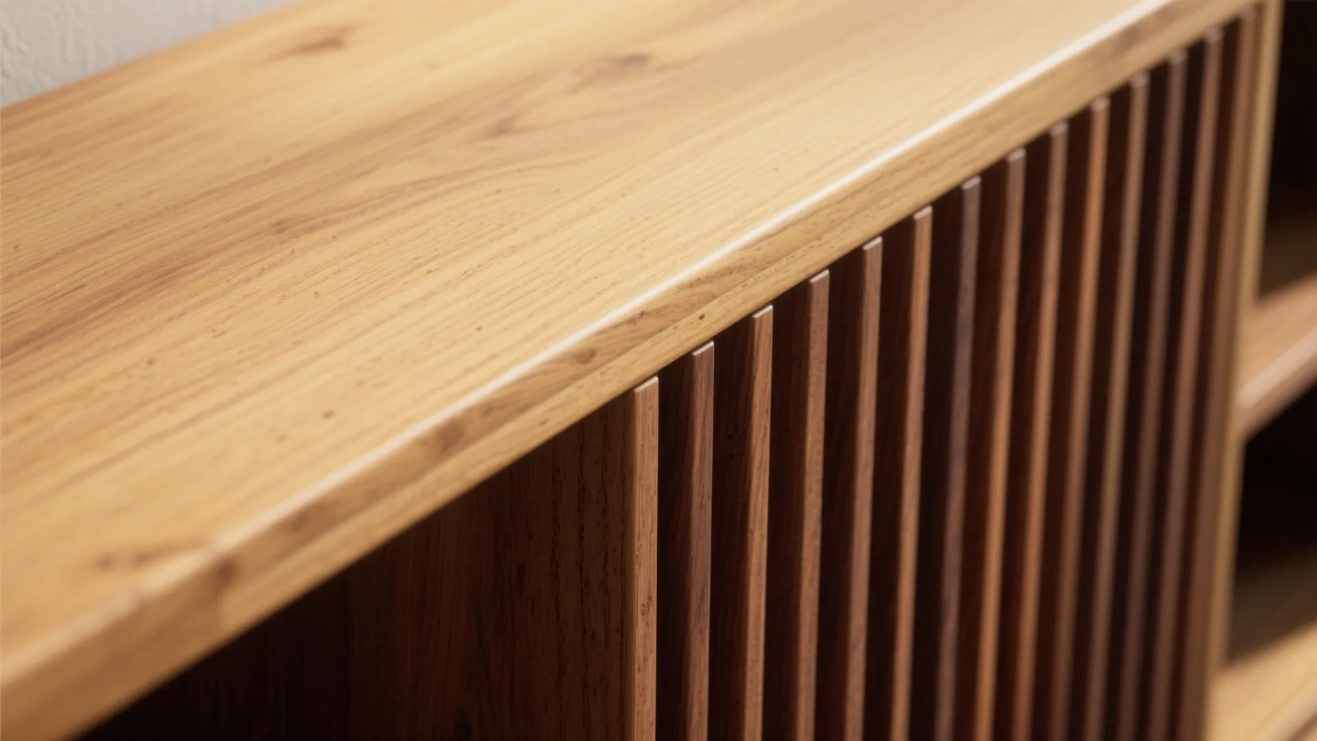 Close up view of a wooden cabinet surface showing smooth grain and vertical wall panel slats