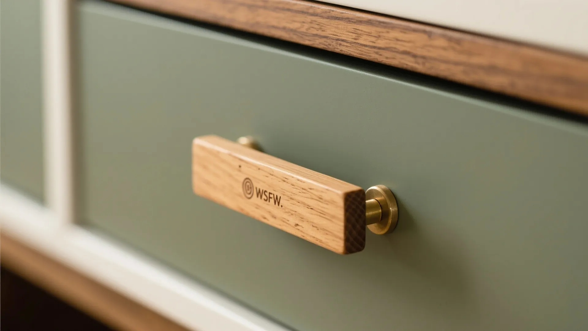 Close up of a wooden handle on a green drawer with gold metal hardware and wood