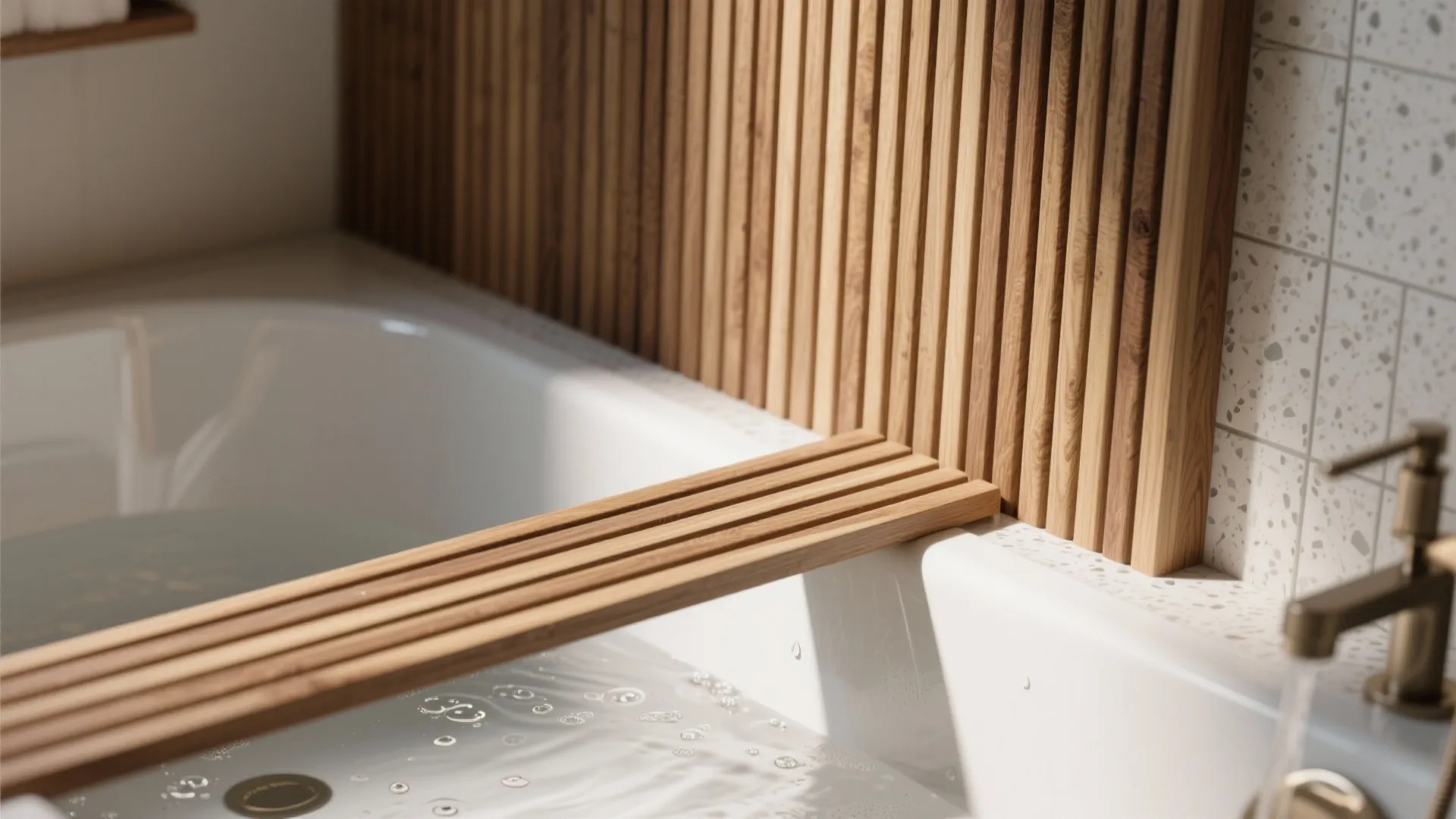 Warm wood accents around the tub