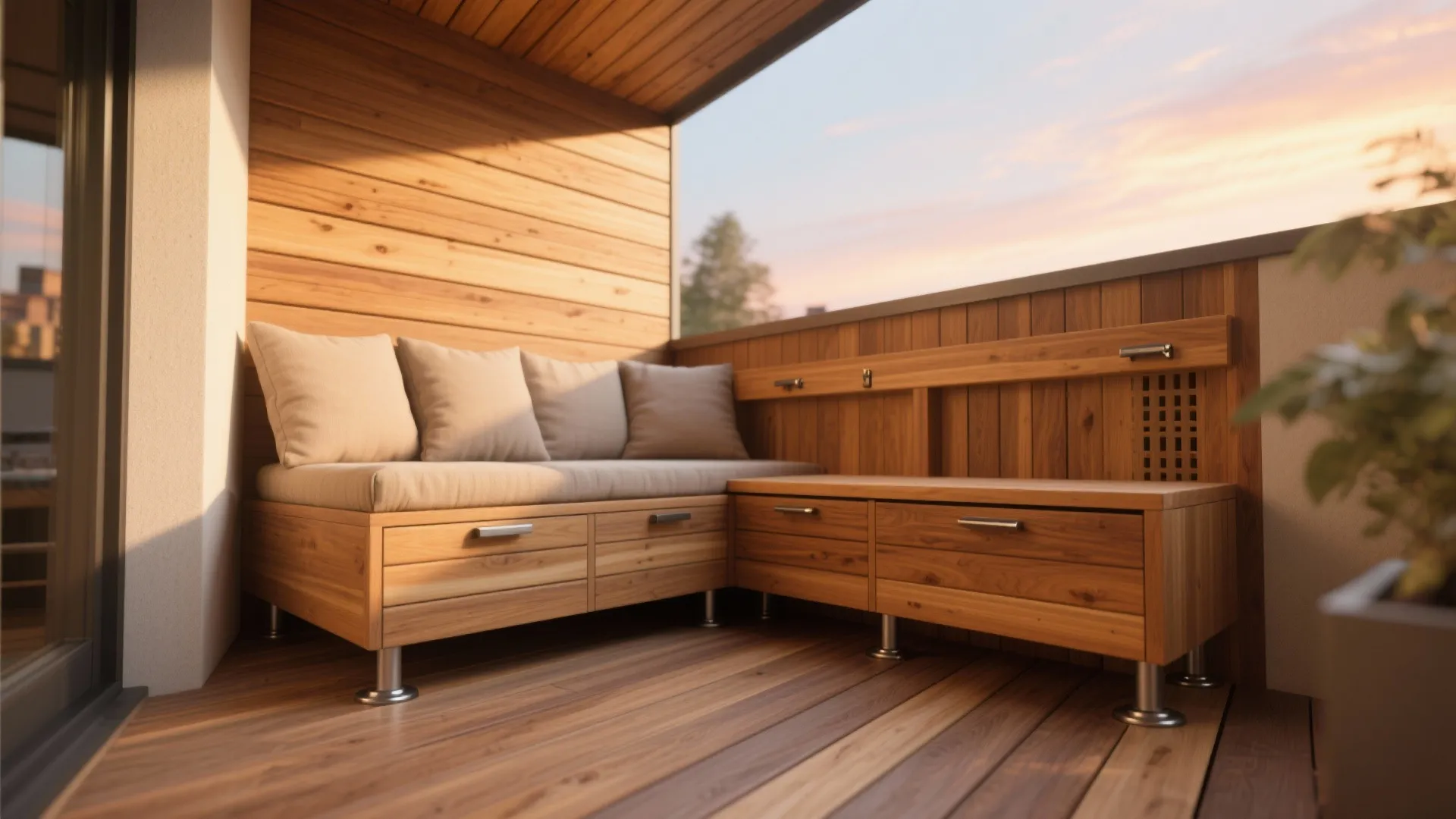 Warm Wood Elements: Decking, Soffit, and Built-In Bench