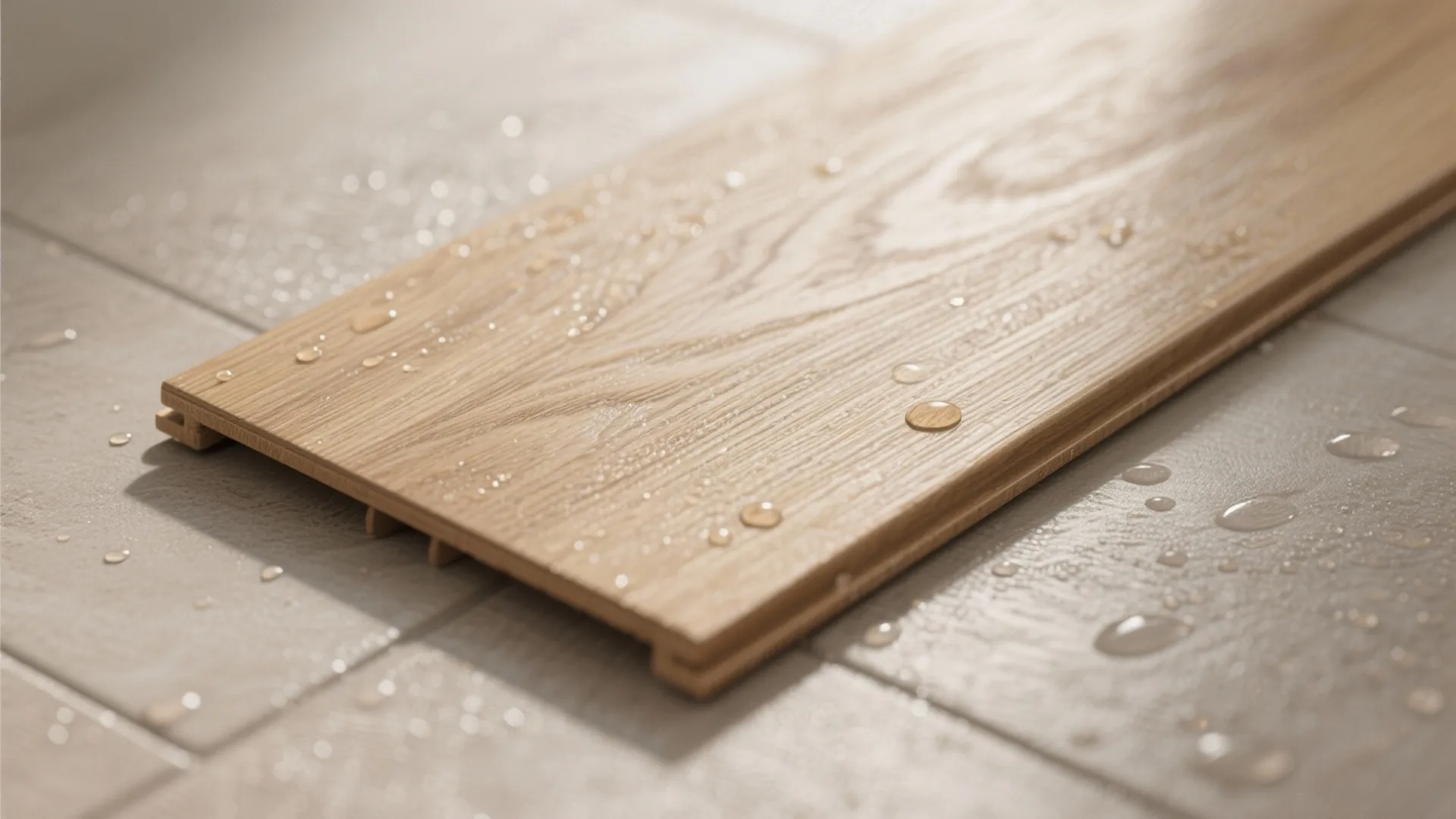 Close up of wooden floor plank with water droplets showing waterproof features on grey floor tiles