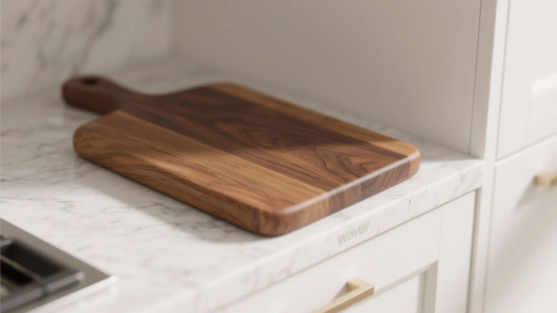 Wooden cutting board on a white marble kitchen countertop near white cabinets with gold handles