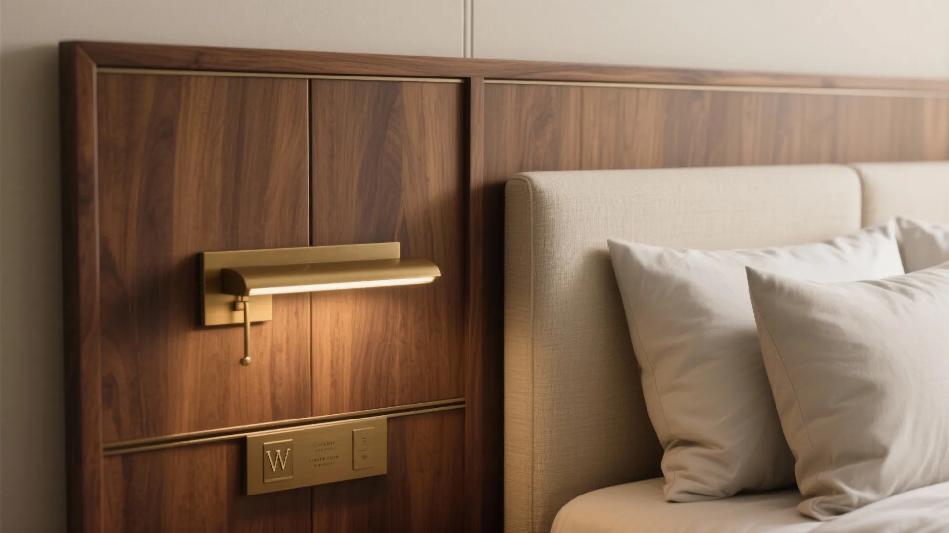 Macro detail of a walnut headboard with an integrated reading light and linen upholstery in a master suite.