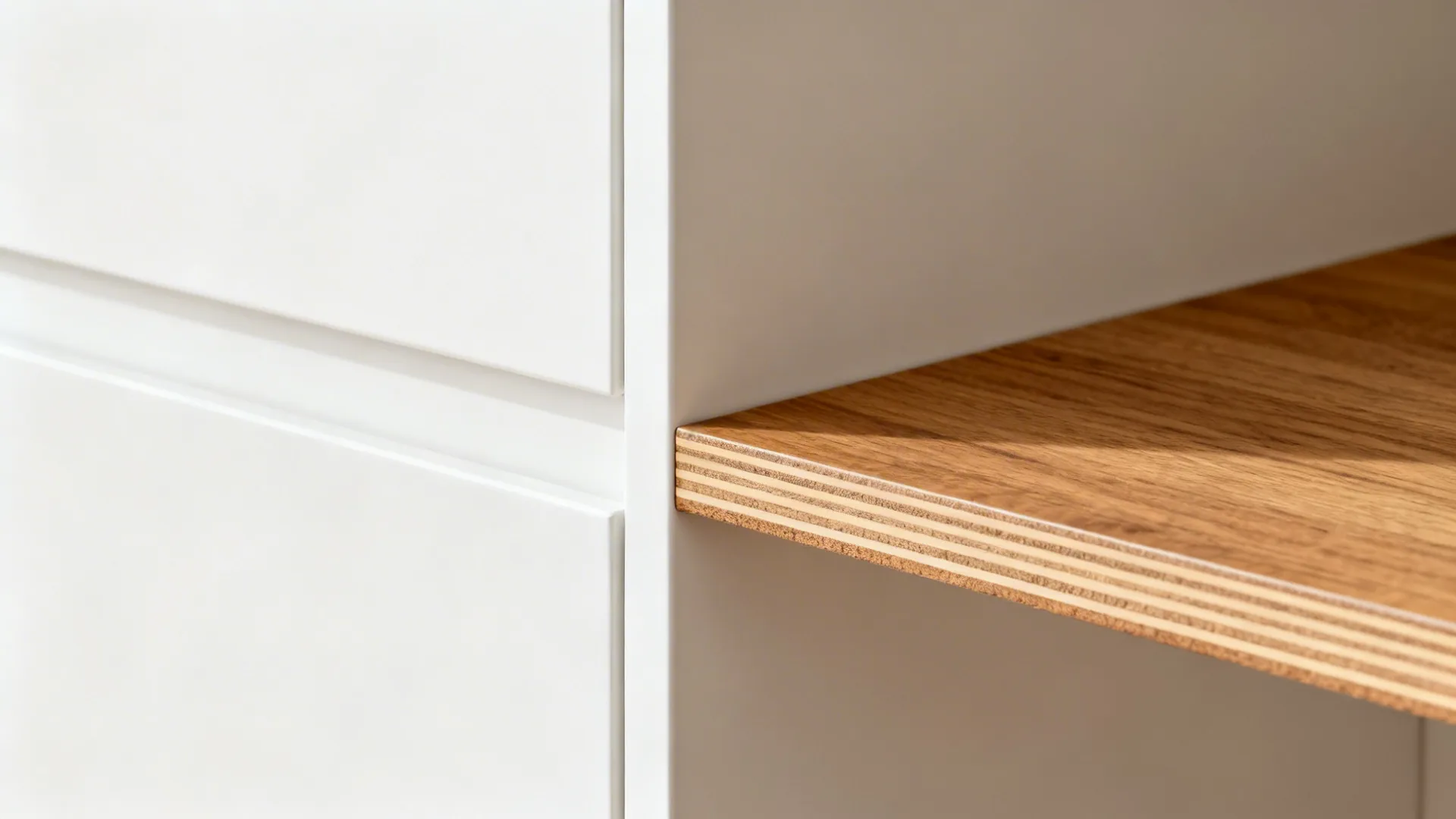 Close up of a white cabinet frame with a light wood shelf showing layered edges