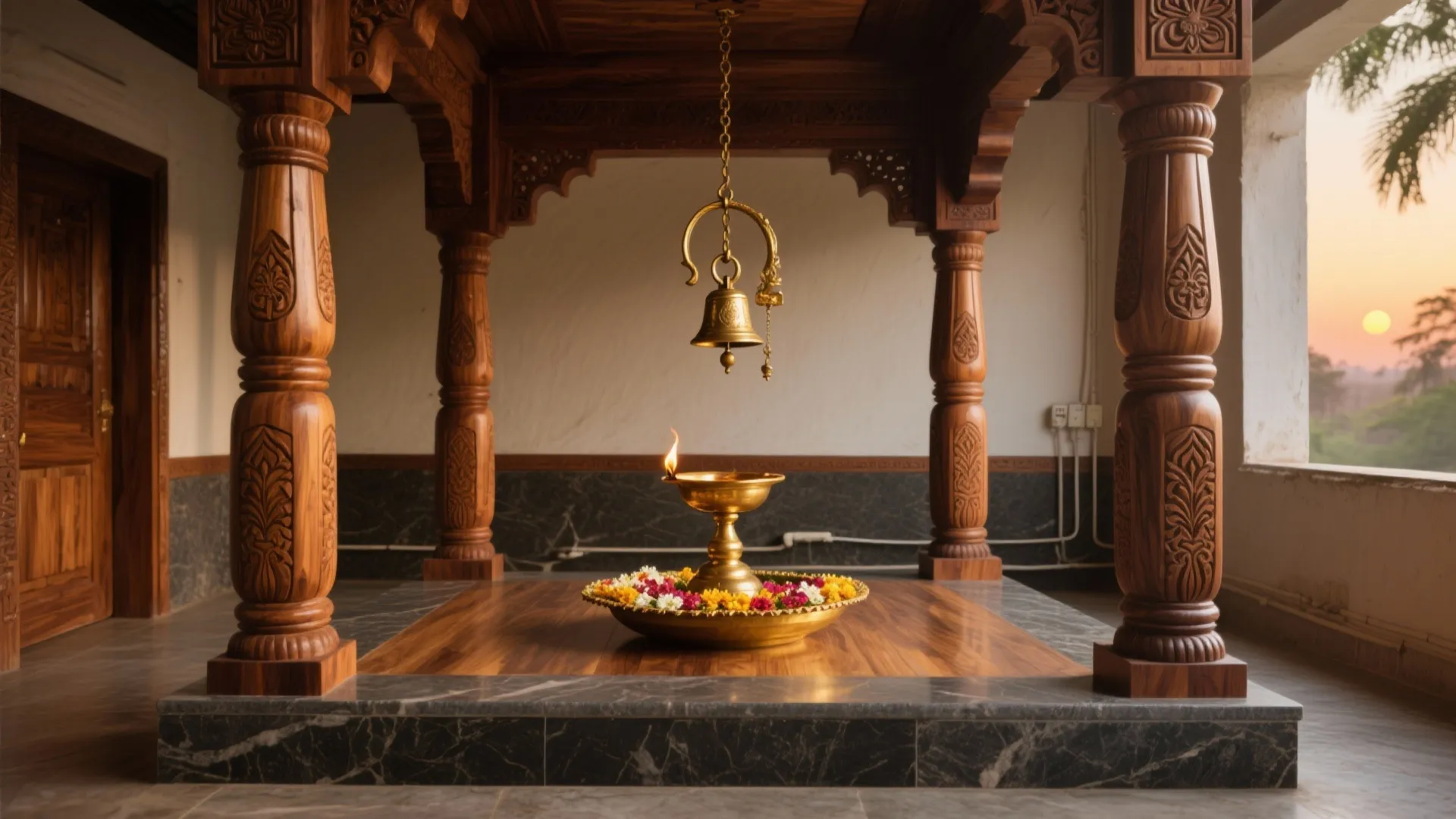 South Indian Wooden Mandapam + Brass Accents