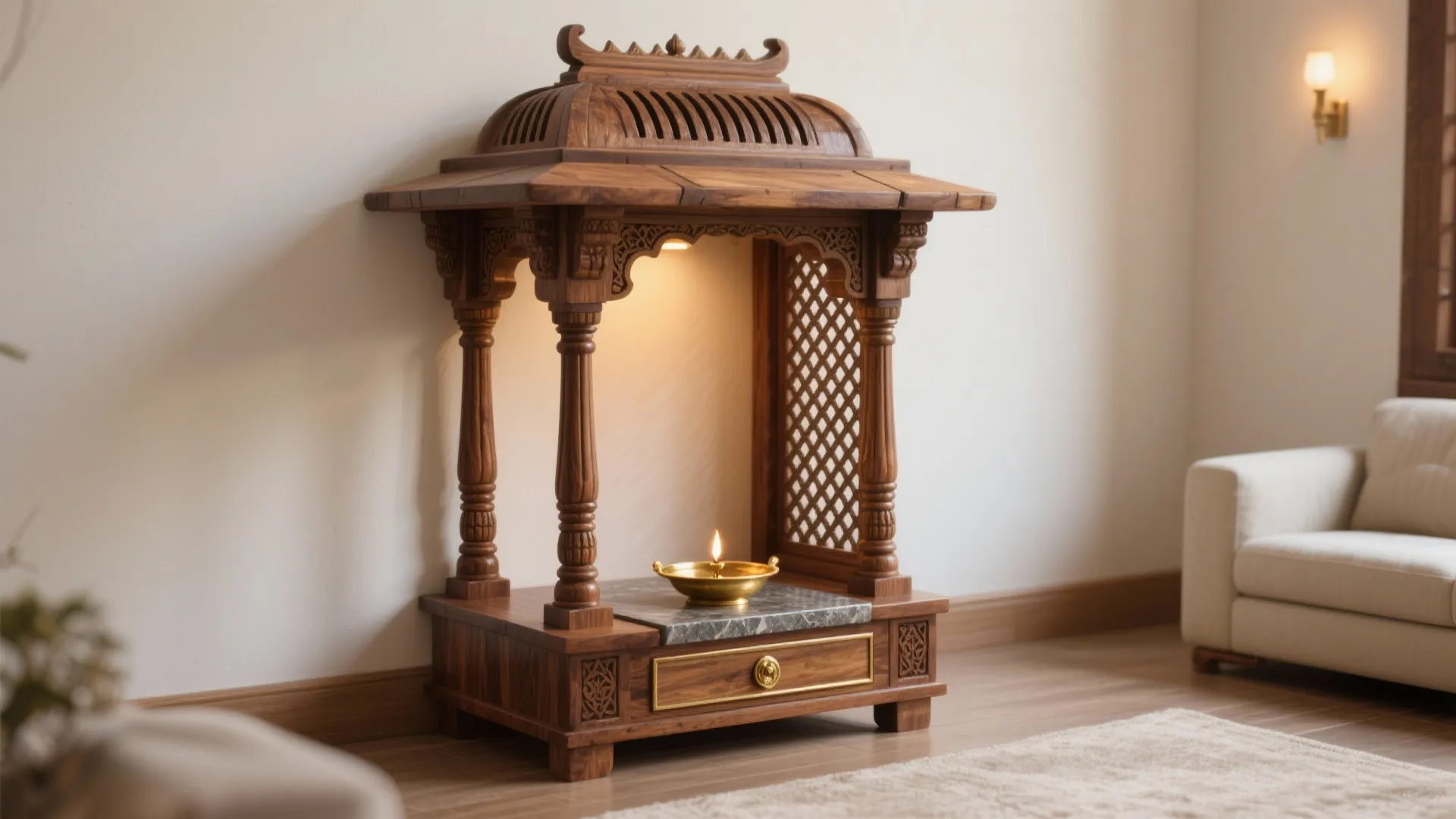 Freestanding Solid-Wood Mandir with Brass and Ventilation